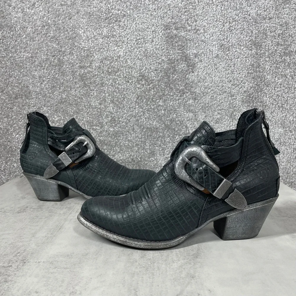 Ariat Booties Womens 7 Dixon Buckle Black Lizard Embossed Leather Cutout Ankle